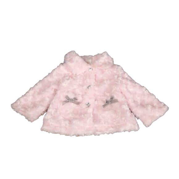 Mini Muffin Pink Faux Fur Jacket 6-9 Months Baby Girl Rosette Coat Satin Bow - Picture 2 of 8